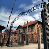 Metalowa brama z napisem Arbeit macht frei (co po niemiecku oznacza: praca czyni wolnym), w tle wysokie ceglane budynki obozu koncentracyjnego.