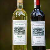 Zdjęcie ukazuje dwie stojące obok siebie butelki wina z winnicy piwnice antoniego. Pierwsza z lewej z etykietą na której odczytać można nazwę wina brzask zawiera wino białe. Druga, mieszcząca wino czerwone określona została mianem Rogentis.
