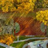 Boisko w Parku Jordana w Krakowie widziane z lotu ptaka. Wokół niego znajduje się wiele jesiennych drzew.