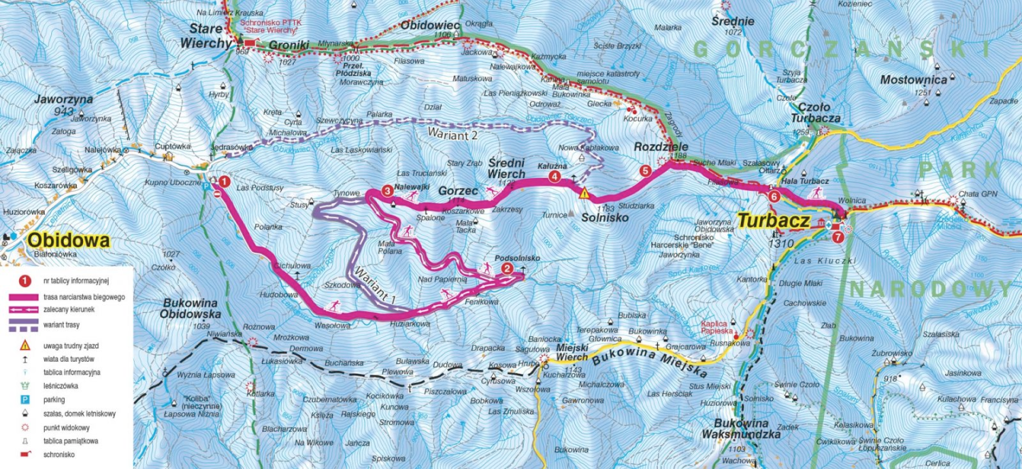Mapa trasy biegowej z Obidowej na Turbacz.