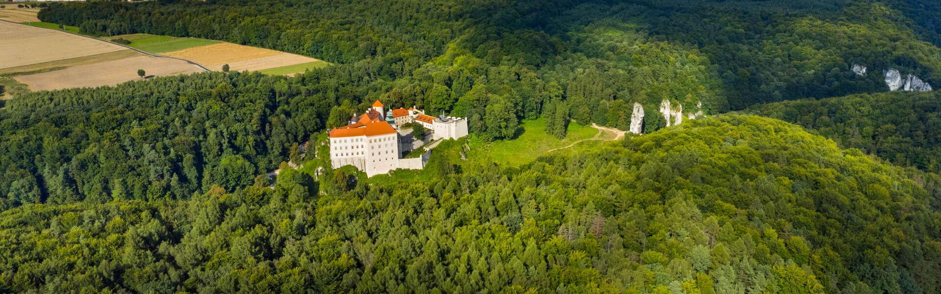 Prądnik-Tal im Nationalpark Ojców. Im Hintergrund das Schloss in Pieskowa Skała, Häuser in der Ferne.
