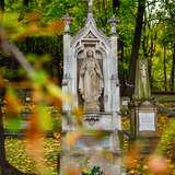 Lekko przysłonięta gałęzią rzeźba Maryi na wysokim nagrobku na Starym Cmentarzu Podgórskim w Krakowie. W oddali widać pojedyncze nagrobki oraz zielone drzewa.