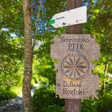 Drogowskaz turystyczny do schroniska w Dolinie Roztoki oraz drewania tablica z napisem schronisko PTTK w Dolinie Roztoki i wyrzeźbioną góralską rozetą i małym niedźwiedziem